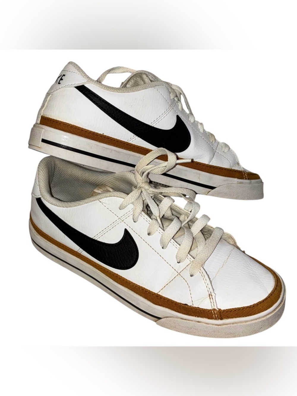 Nike Womens White Leather Court Legacy Sneaker with Black Swoosh & Brown Accents